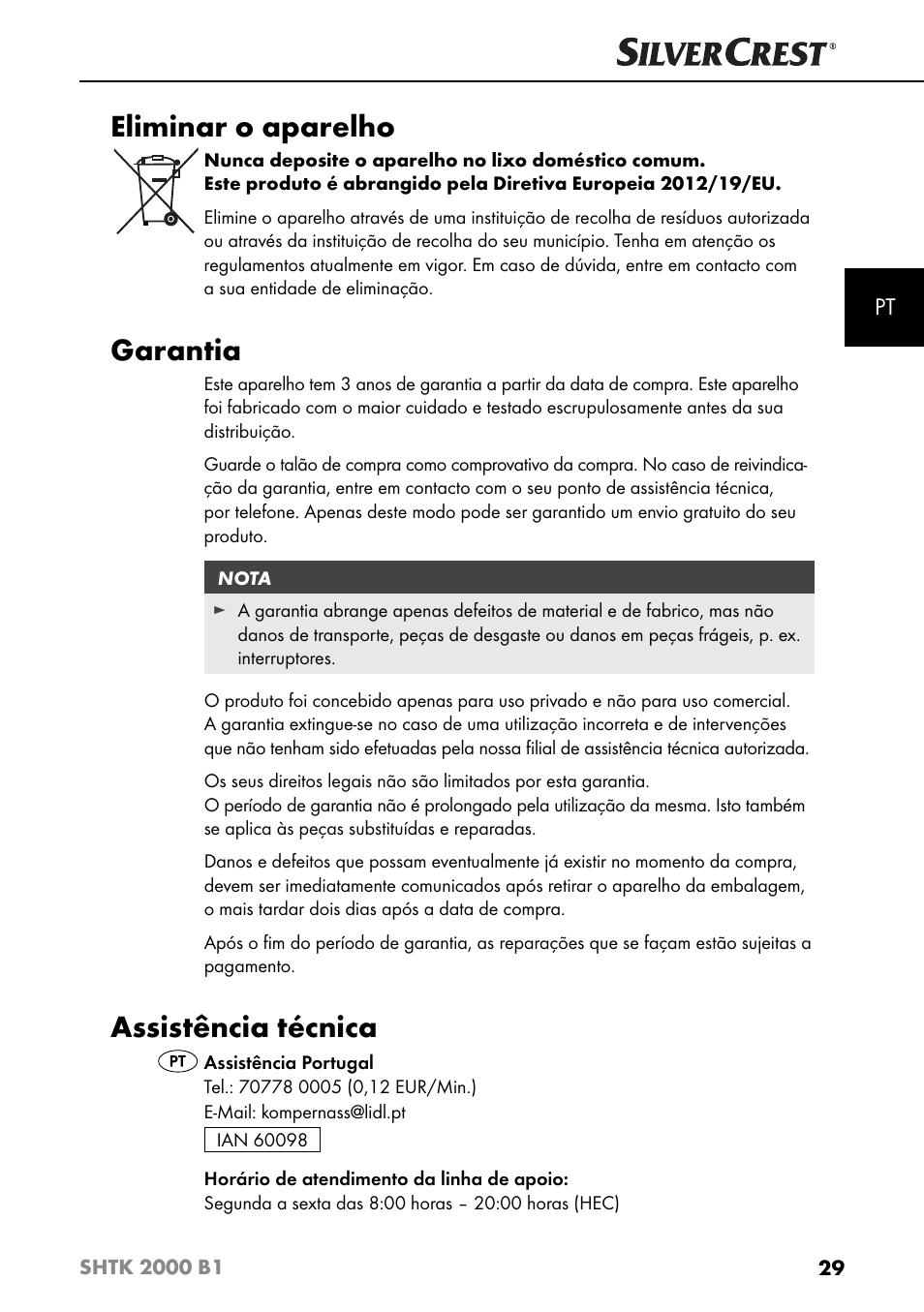 Eliminar o aparelho, Garantia, Assistência técnica | Silvercrest SHTK 2000 B1 User Manual | Page 32 / 54