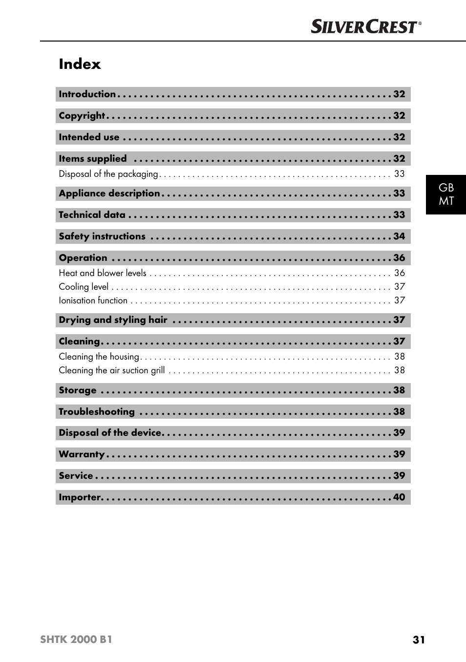 Index, Gb mt | Silvercrest SHTK 2000 B1 User Manual | Page 34 / 54
