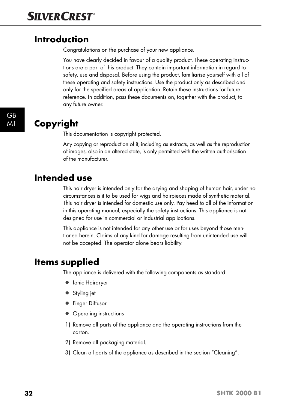 Introduction, Copyright, Intended use | Items supplied, Gb mt | Silvercrest SHTK 2000 B1 User Manual | Page 35 / 54