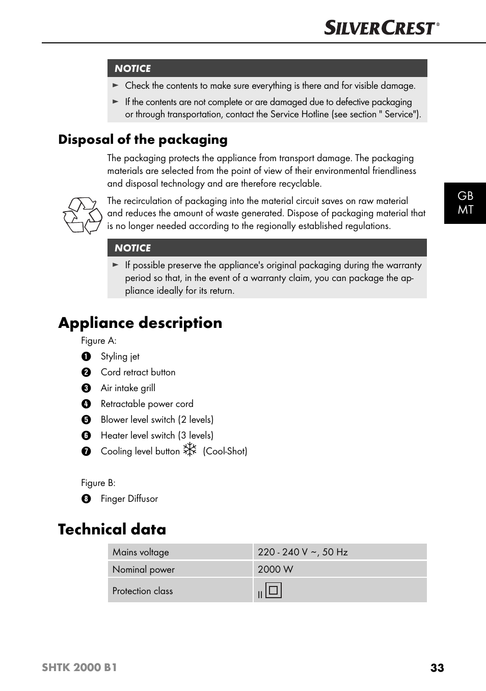 Appliance description, Technical data, Disposal of the packaging | Gb mt | Silvercrest SHTK 2000 B1 User Manual | Page 36 / 54