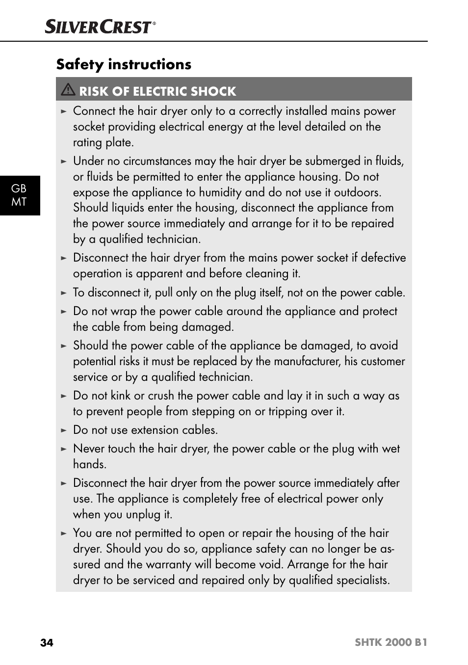 Safety instructions, Risk of electric shock, Do not use extension cables | Silvercrest SHTK 2000 B1 User Manual | Page 37 / 54