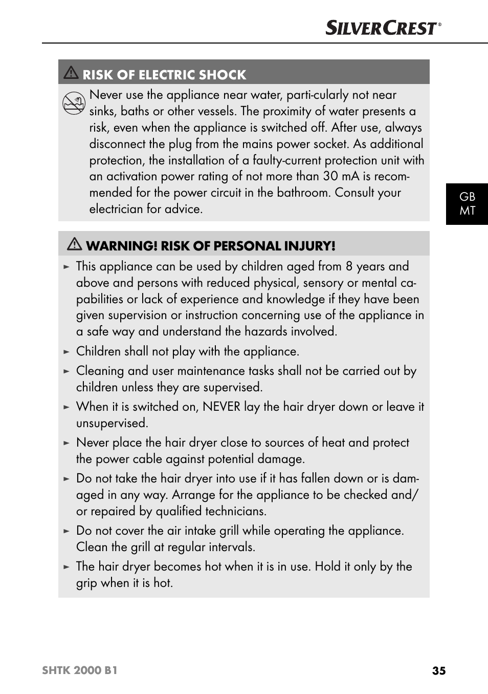 Children shall not play with the appliance | Silvercrest SHTK 2000 B1 User Manual | Page 38 / 54