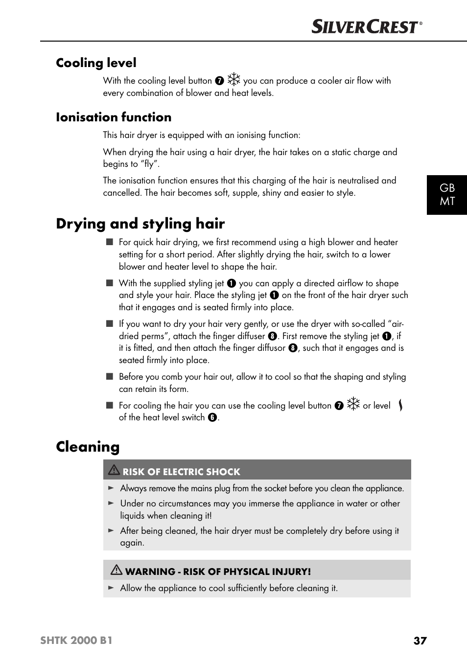 Drying and styling hair, Cleaning, Cooling level | Ionisation function, Gb mt | Silvercrest SHTK 2000 B1 User Manual | Page 40 / 54