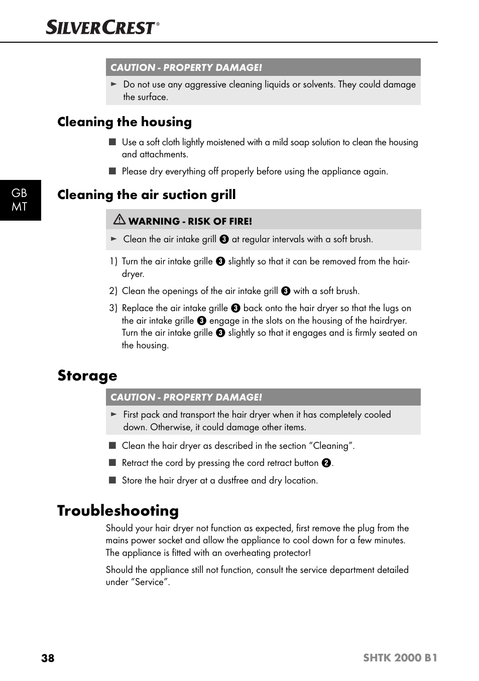 Storage, Troubleshooting, Cleaning the housing | Cleaning the air suction grill, Gb mt | Silvercrest SHTK 2000 B1 User Manual | Page 41 / 54