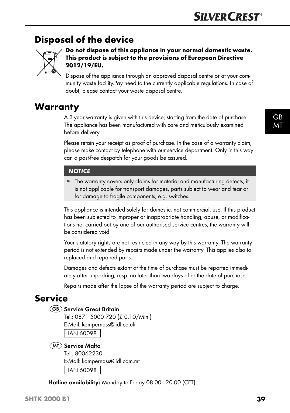 Disposal of the device, Warranty, Service | Gb mt | Silvercrest SHTK 2000 B1 User Manual | Page 42 / 54