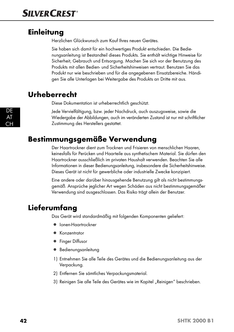 Einleitung, Urheberrecht, Bestimmungsgemäße verwendung | Lieferumfang, De at ch | Silvercrest SHTK 2000 B1 User Manual | Page 45 / 54