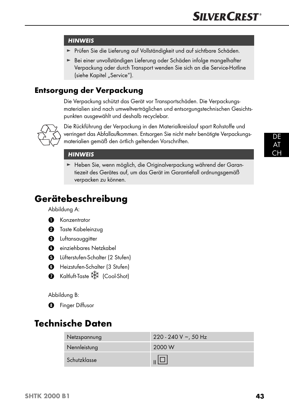 Gerätebeschreibung, Technische daten, Entsorgung der verpackung | De at ch | Silvercrest SHTK 2000 B1 User Manual | Page 46 / 54