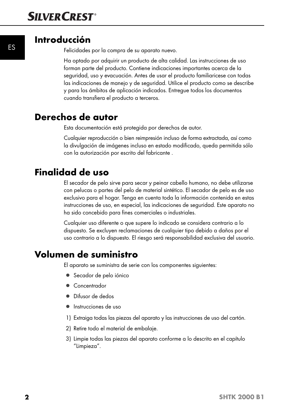 Introducción, Derechos de autor, Finalidad de uso | Volumen de suministro | Silvercrest SHTK 2000 B1 User Manual | Page 5 / 54