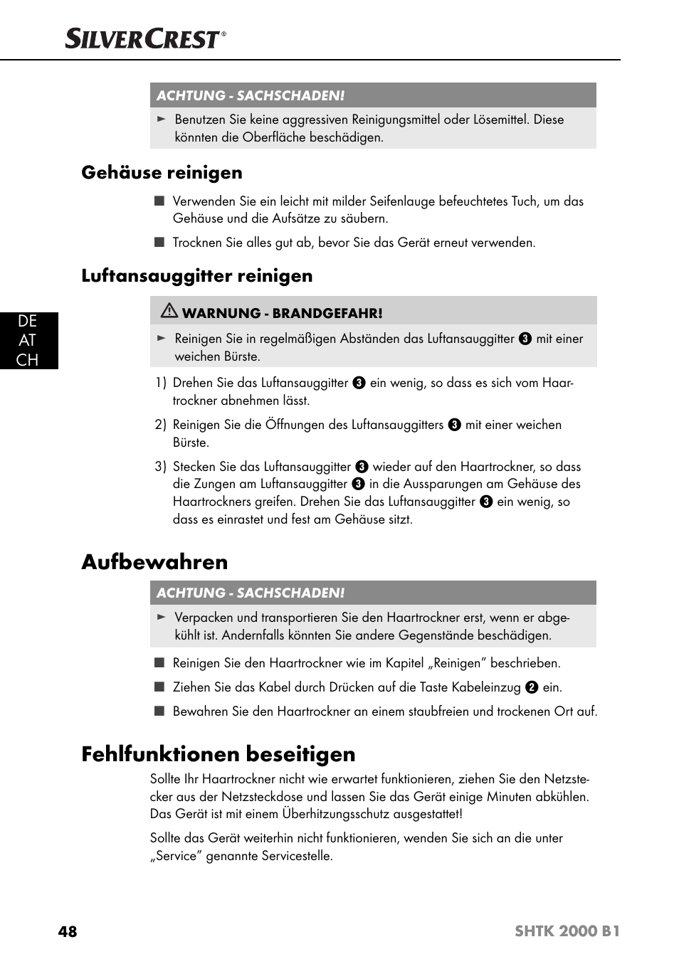 Aufbewahren, Fehlfunktionen beseitigen, Gehäuse reinigen | Luftansauggitter reinigen, De at ch | Silvercrest SHTK 2000 B1 User Manual | Page 51 / 54