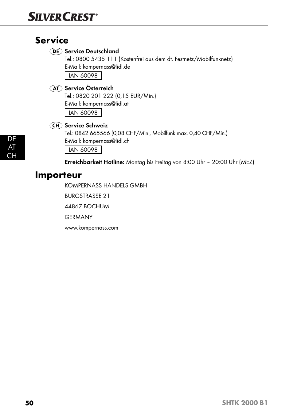 Service, Importeur, De at ch | Silvercrest SHTK 2000 B1 User Manual | Page 53 / 54