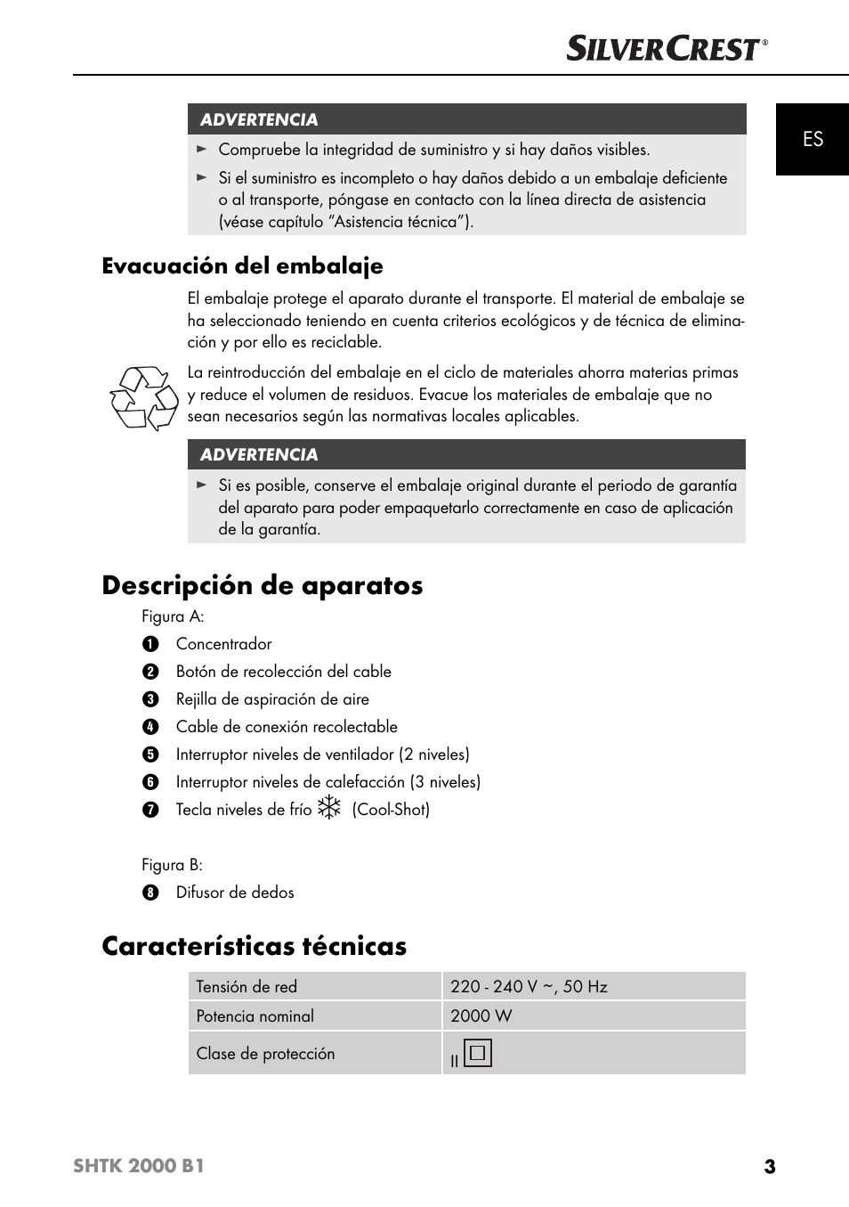 Descripción de aparatos, Características técnicas, Evacuación del embalaje | Silvercrest SHTK 2000 B1 User Manual | Page 6 / 54