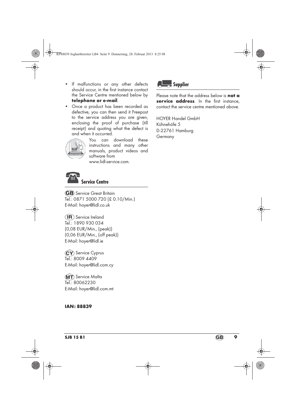 Service centre, Supplier | Silvercrest SJB 15 B1 User Manual | Page 11 / 62