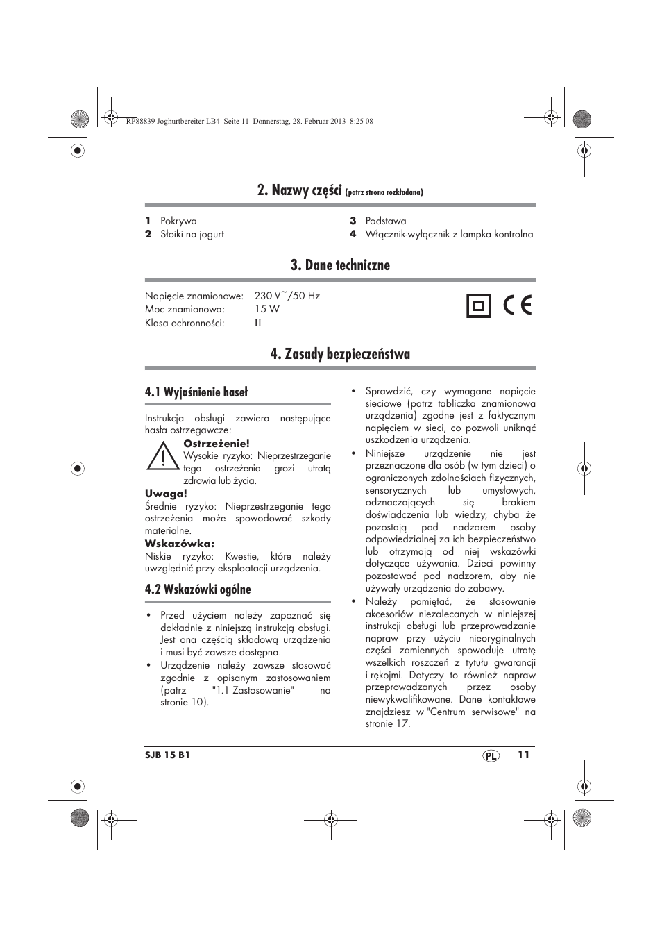 Nazwy części, Dane techniczne, Zasady bezpieczeństwa | 1 wyjaśnienie haseł, 2 wskazówki ogólne | Silvercrest SJB 15 B1 User Manual | Page 13 / 62