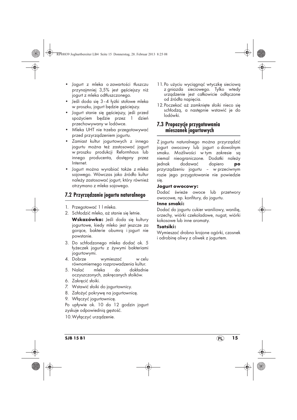 2 przyrządzanie jogurtu naturalnego, 3 propozycje przygotowania mieszanek jogurtowych | Silvercrest SJB 15 B1 User Manual | Page 17 / 62