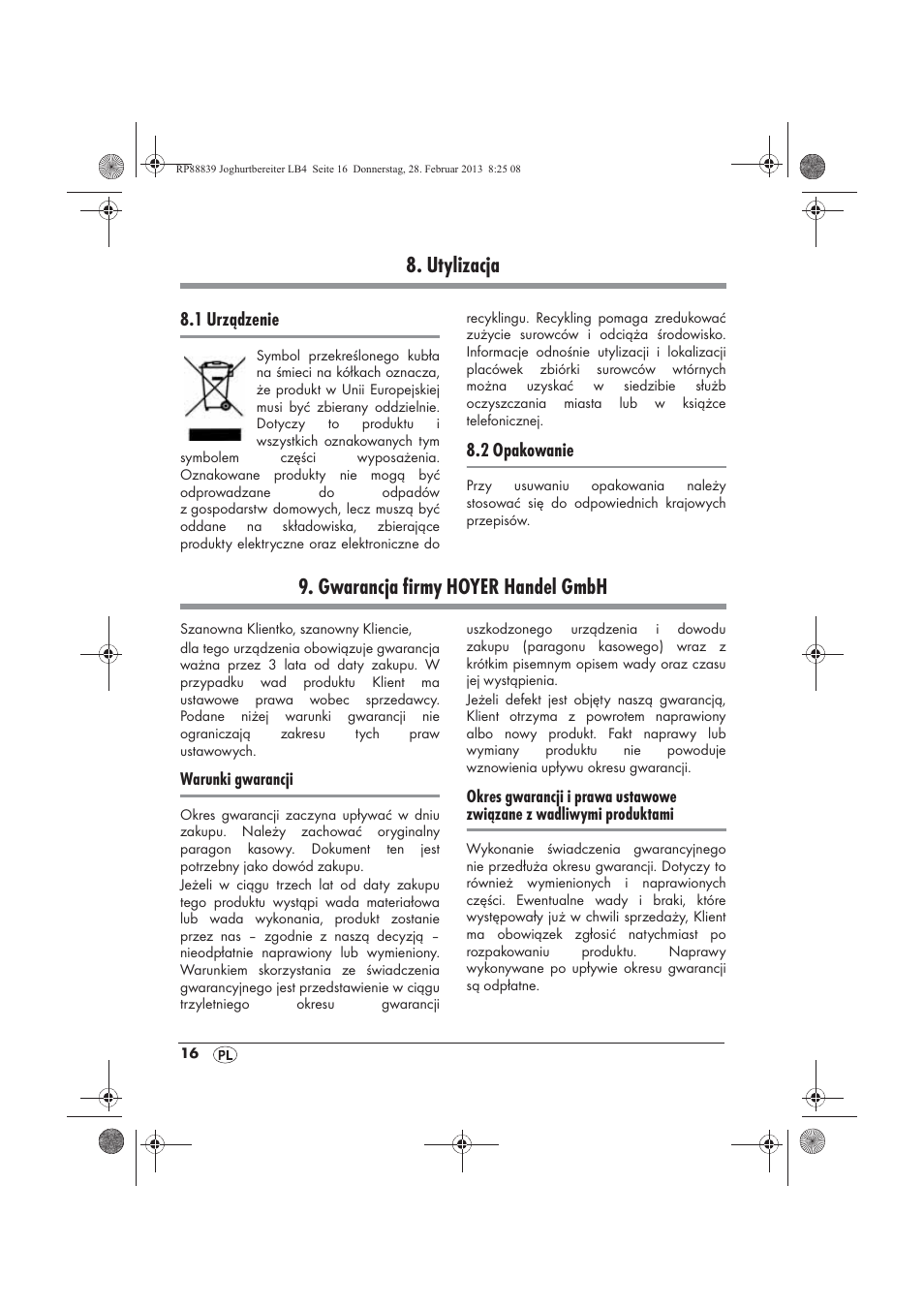 Utylizacja, Gwarancja firmy hoyer handel gmbh | Silvercrest SJB 15 B1 User Manual | Page 18 / 62