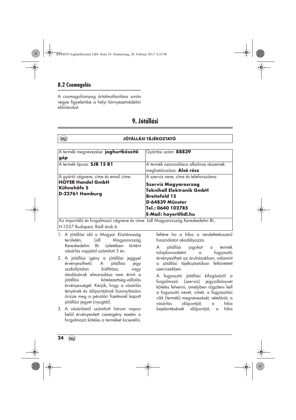 Jótállási, 2 csomagolás | Silvercrest SJB 15 B1 User Manual | Page 26 / 62