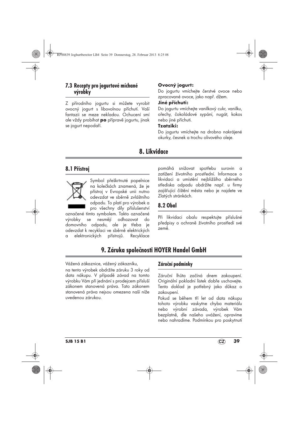 Likvidace, Záruka společnosti hoyer handel gmbh | Silvercrest SJB 15 B1 User Manual | Page 41 / 62
