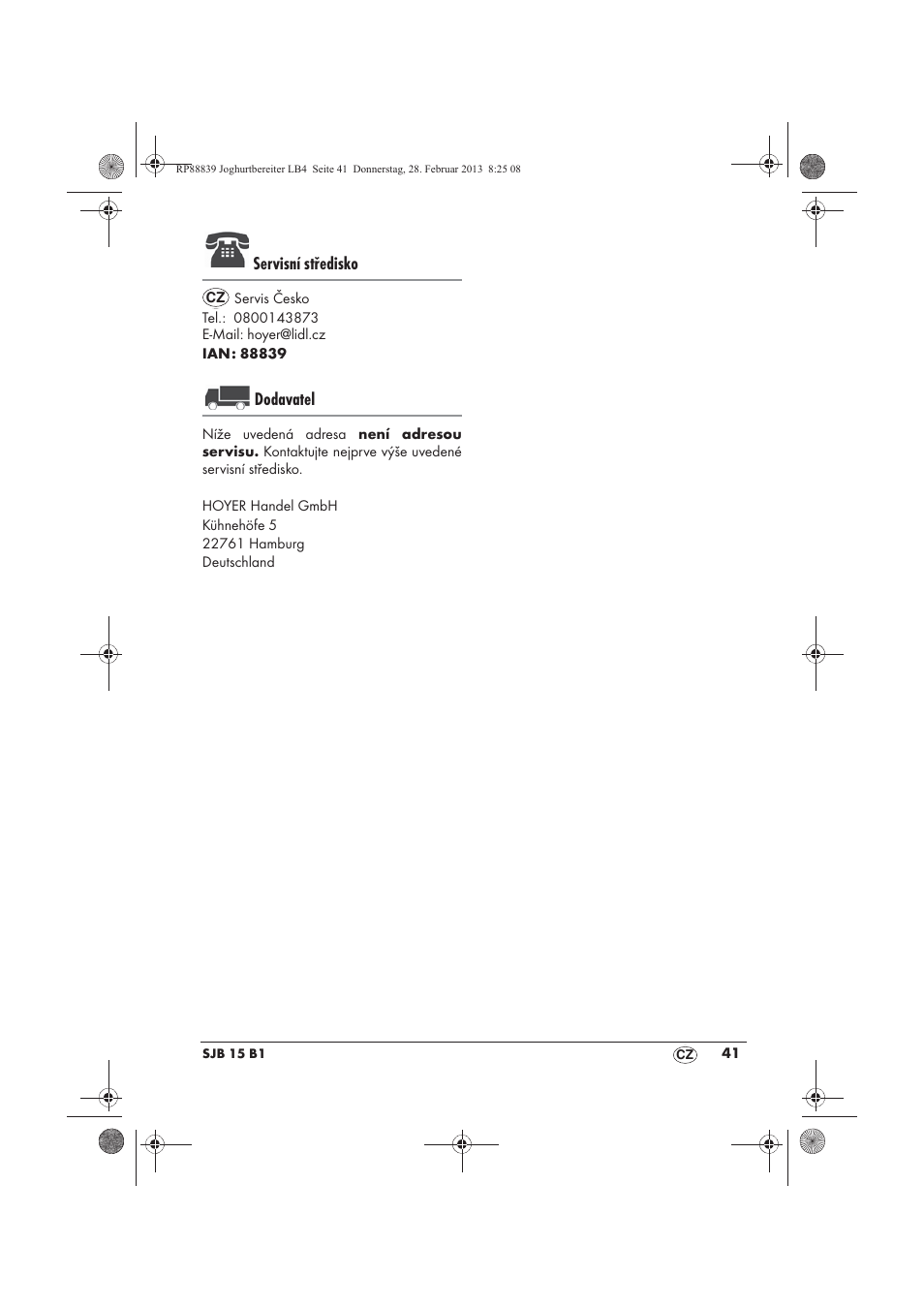 Servisní středisko, Dodavatel | Silvercrest SJB 15 B1 User Manual | Page 43 / 62