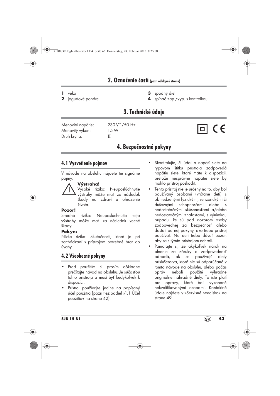 Označenie častí, Technické údaje, Bezpečnostné pokyny | 1 vysvetlenie pojmov, 2 všeobecné pokyny | Silvercrest SJB 15 B1 User Manual | Page 45 / 62