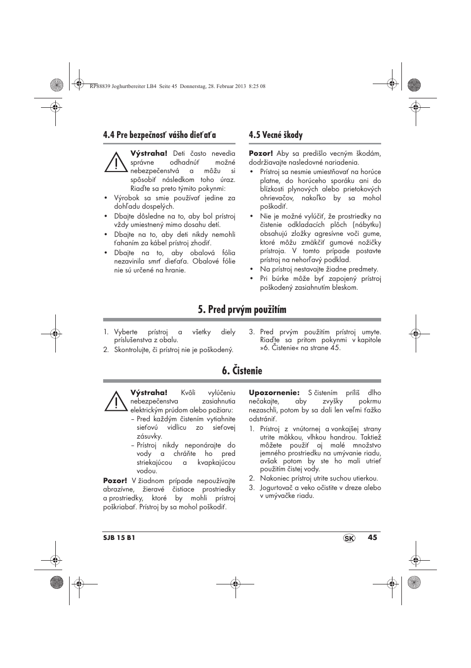 Pred prvým použitím, Čistenie, 4 pre bezpečnosť vášho dieťaťa | 5 vecné škody | Silvercrest SJB 15 B1 User Manual | Page 47 / 62