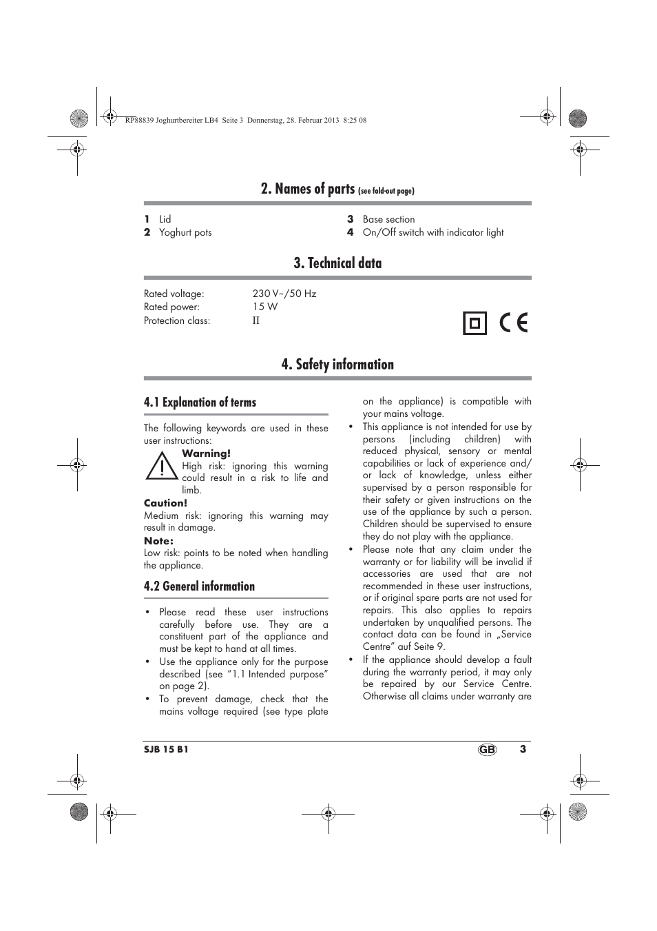 Names of parts, Technical data, Safety information | 1 explanation of terms, 2 general information | Silvercrest SJB 15 B1 User Manual | Page 5 / 62