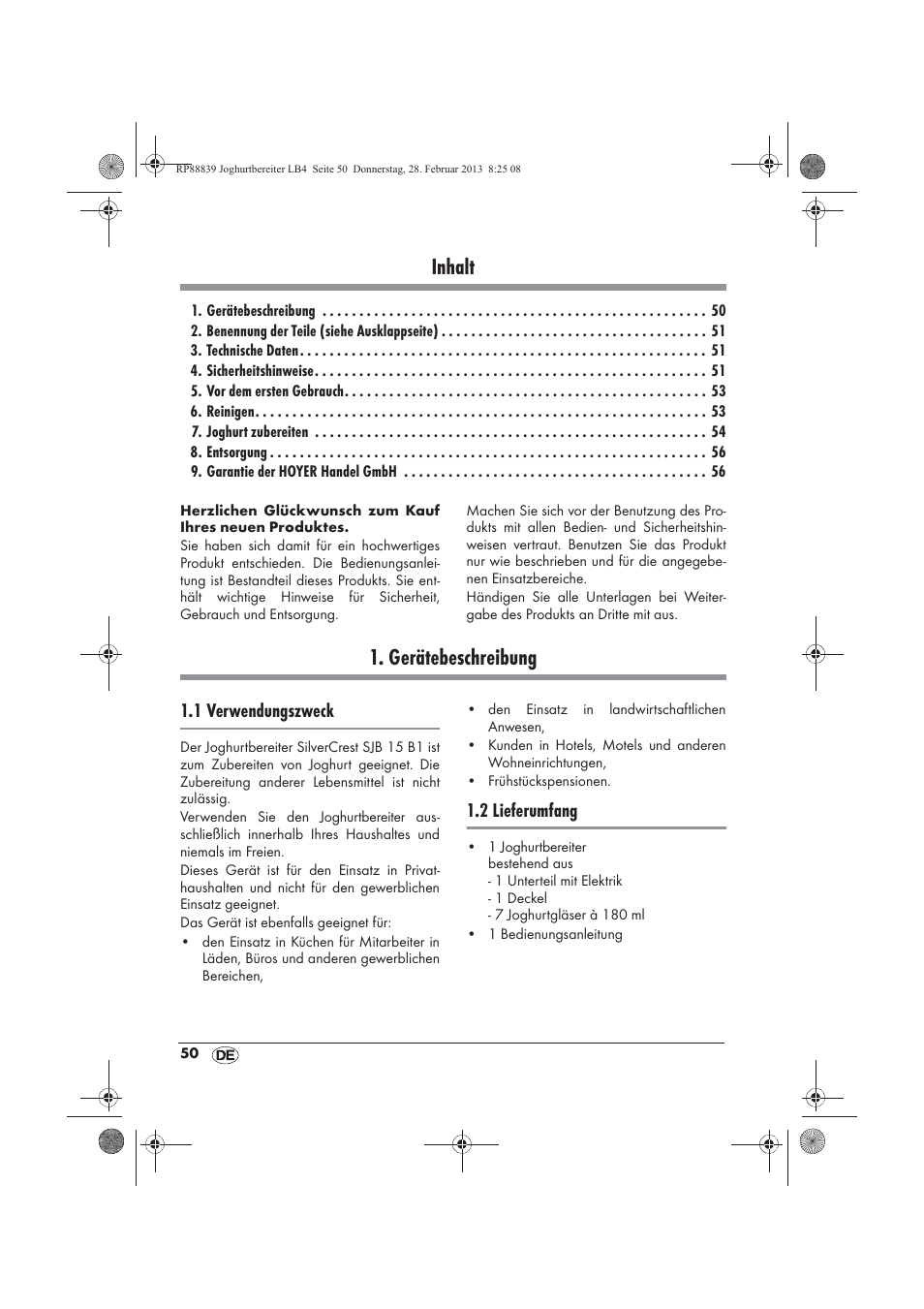 Inhalt, Gerätebeschreibung, 1 verwendungszweck | 2 lieferumfang | Silvercrest SJB 15 B1 User Manual | Page 52 / 62