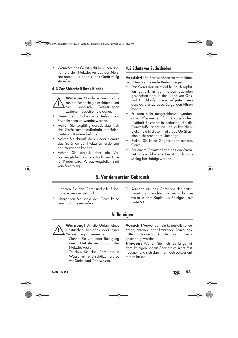 Vor dem ersten gebrauch, Reinigen, 4 zur sicherheit ihres kindes | 5 schutz vor sachschäden | Silvercrest SJB 15 B1 User Manual | Page 55 / 62