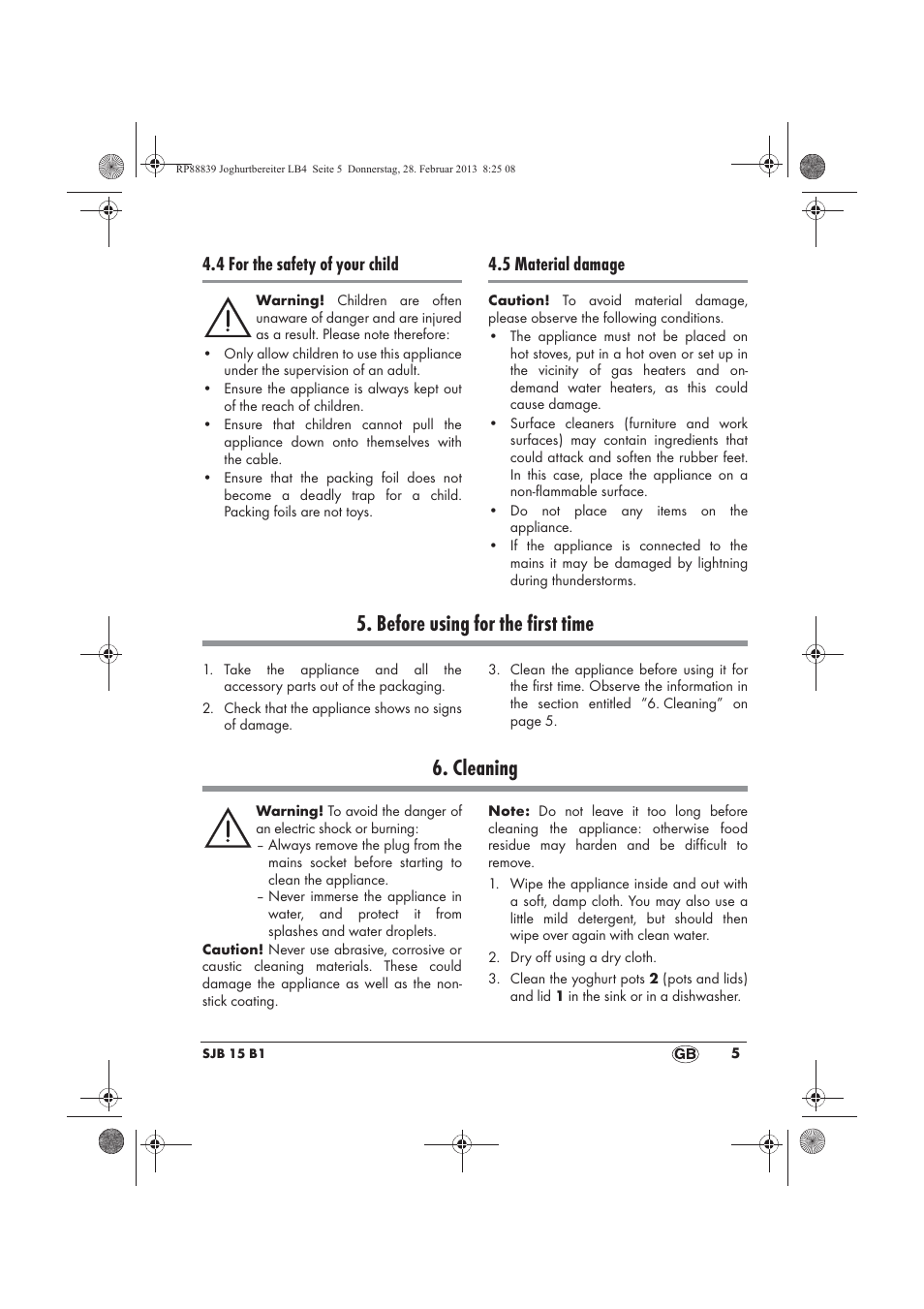Before using for the first time, Cleaning, 4 for the safety of your child | 5 material damage | Silvercrest SJB 15 B1 User Manual | Page 7 / 62