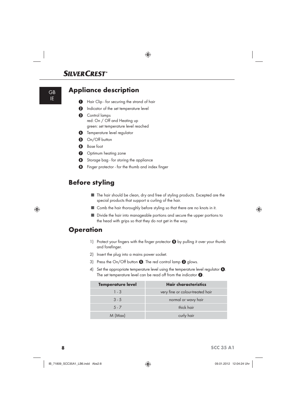 Appliance description, Before styling, Operation | Gb ie | Silvercrest SCC 35 A1 User Manual | Page 10 / 14