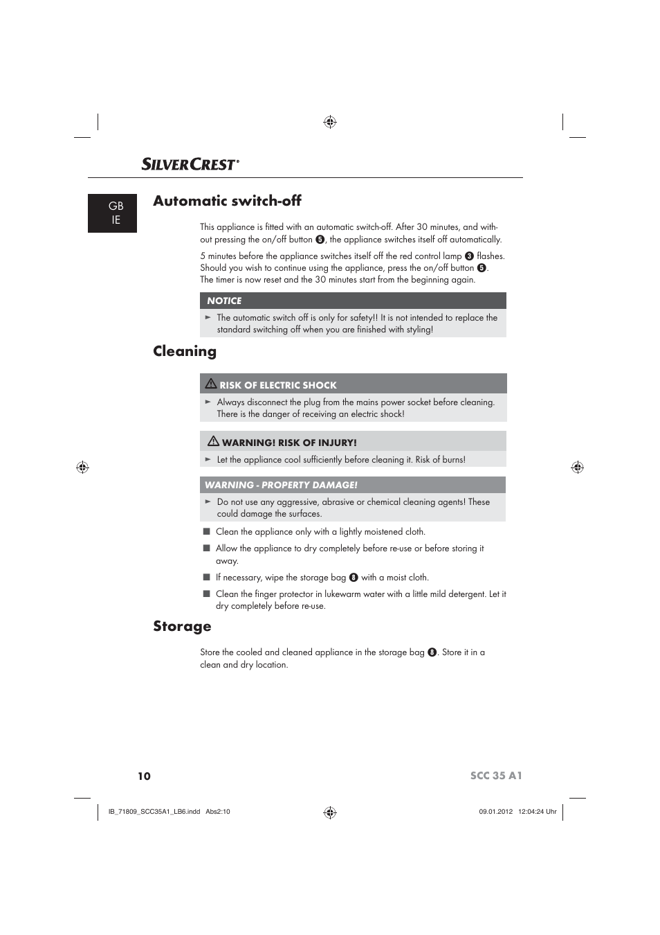 Automatic switch-oﬀ, Cleaning, Storage | Gb ie | Silvercrest SCC 35 A1 User Manual | Page 12 / 14