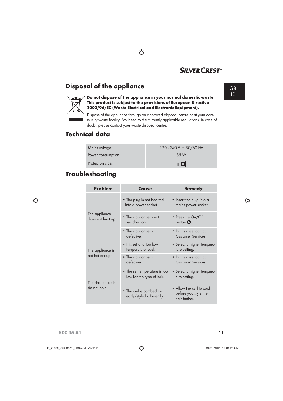 Disposal of the appliance, Technical data, Troubleshooting | Gb ie | Silvercrest SCC 35 A1 User Manual | Page 13 / 14