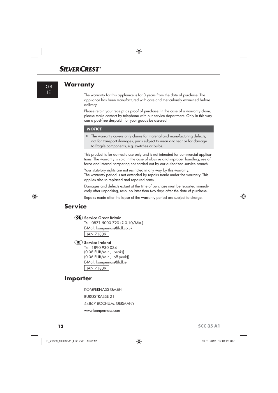 Warranty, Service, Importer | Gb ie | Silvercrest SCC 35 A1 User Manual | Page 14 / 14