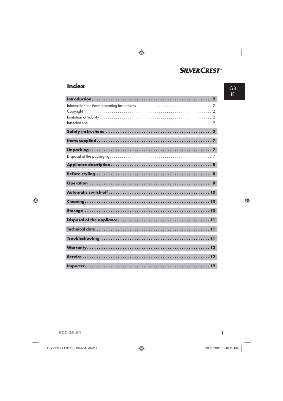 Index, Gb ie | Silvercrest SCC 35 A1 User Manual | Page 3 / 14