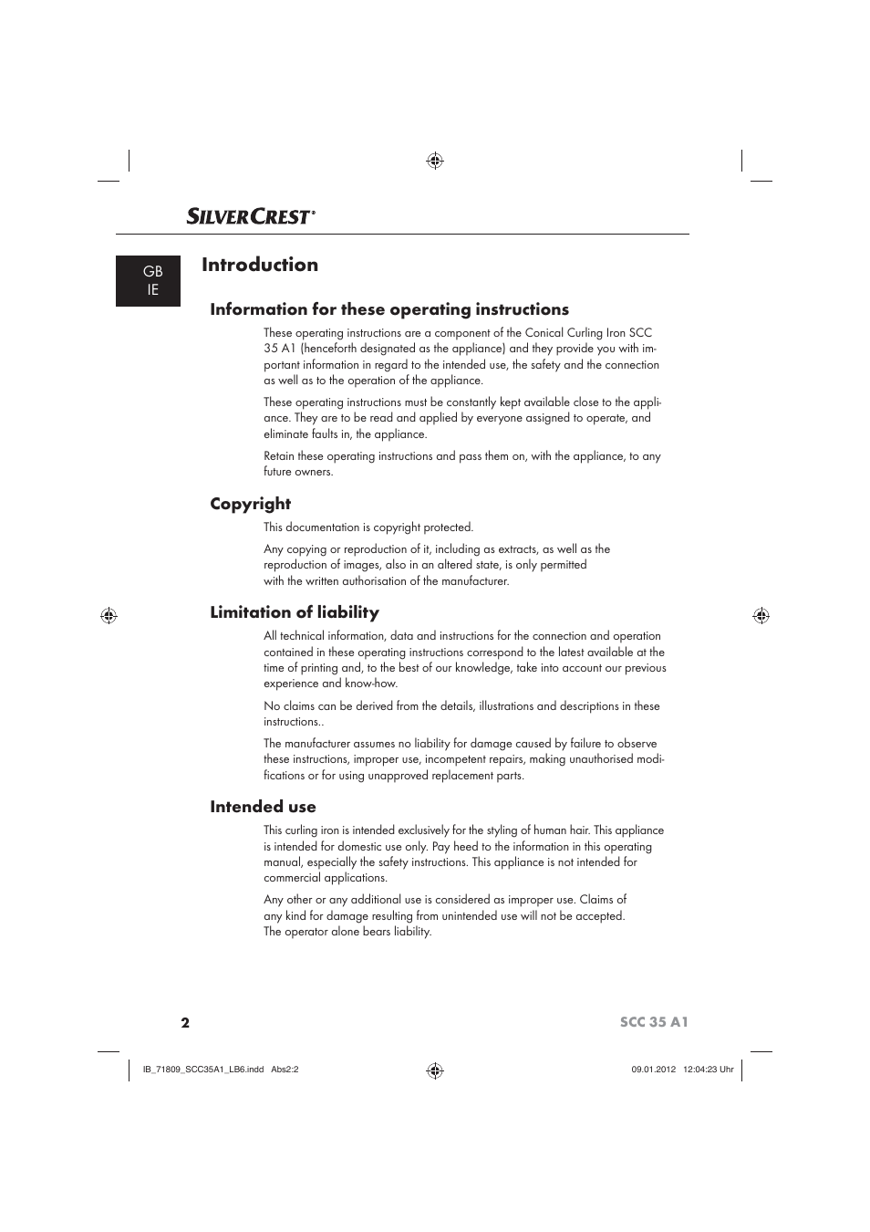 Introduction, Information for these operating instructions, Copyright | Limitation of liability, Intended use, Gb ie | Silvercrest SCC 35 A1 User Manual | Page 4 / 14