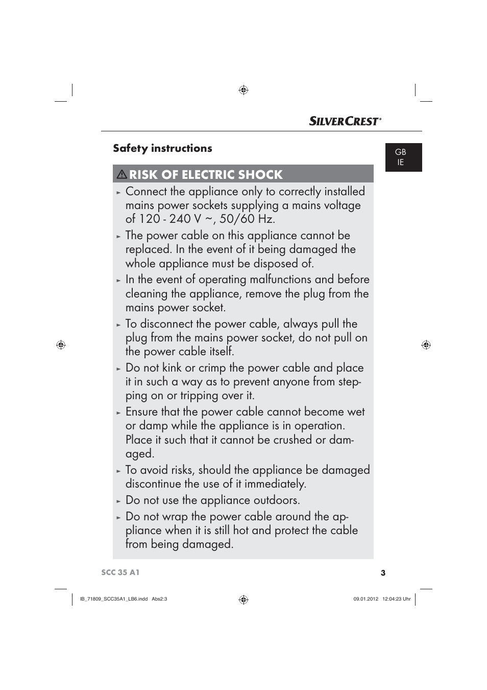 Do not wrap the power cable around the ap, Safety instructions | Silvercrest SCC 35 A1 User Manual | Page 5 / 14