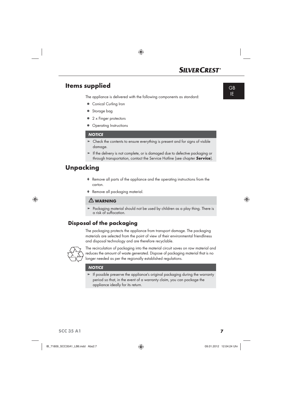 Items supplied, Unpacking, Disposal of the packaging | Gb ie | Silvercrest SCC 35 A1 User Manual | Page 9 / 14