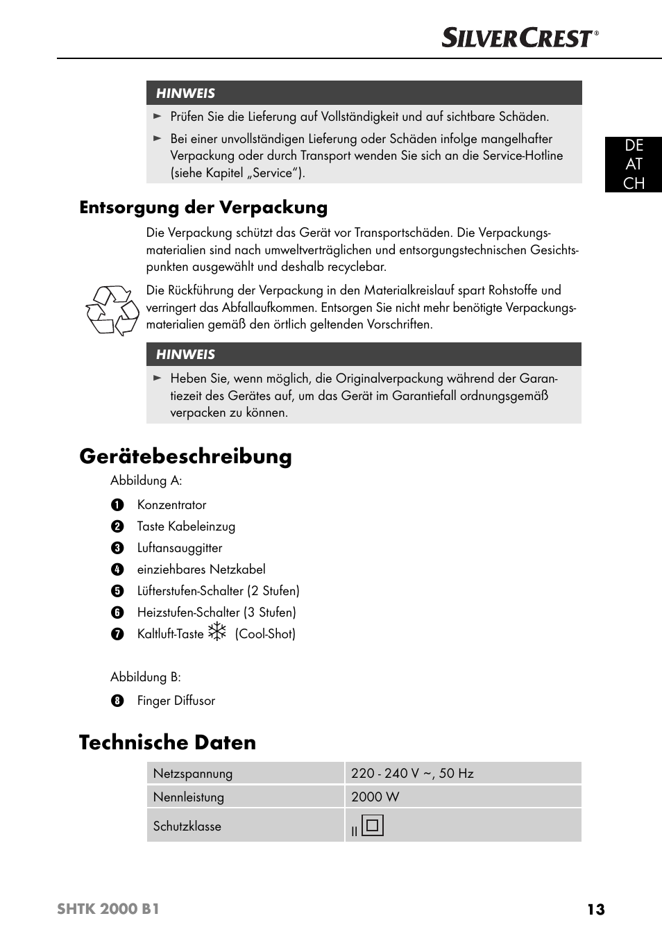 Gerätebeschreibung, Technische daten, Entsorgung der verpackung | De at ch | Silvercrest SHTK 2000 B1 User Manual | Page 16 / 34