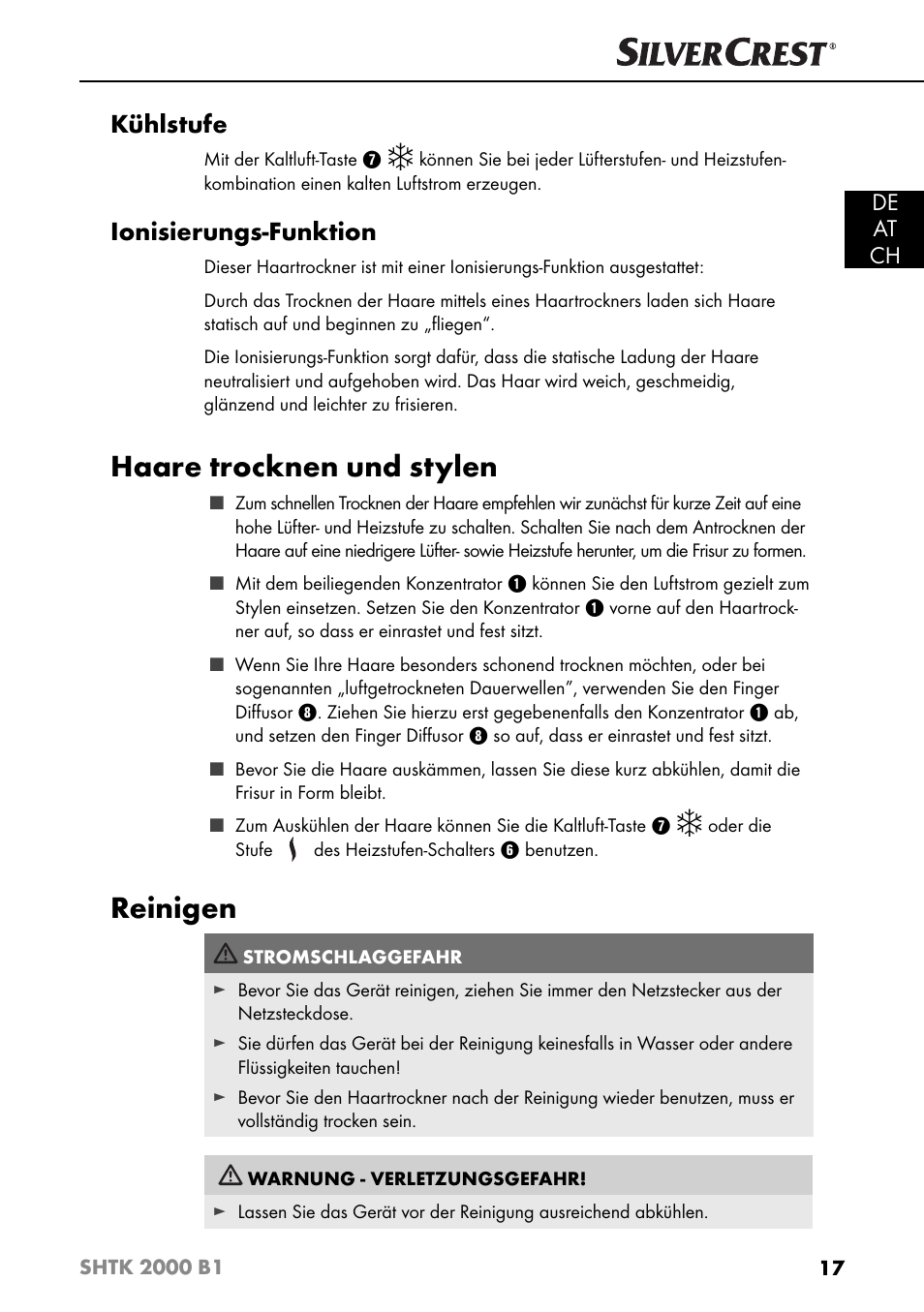 Haare trocknen und stylen, Reinigen, Kühlstufe | Ionisierungs-funktion | Silvercrest SHTK 2000 B1 User Manual | Page 20 / 34