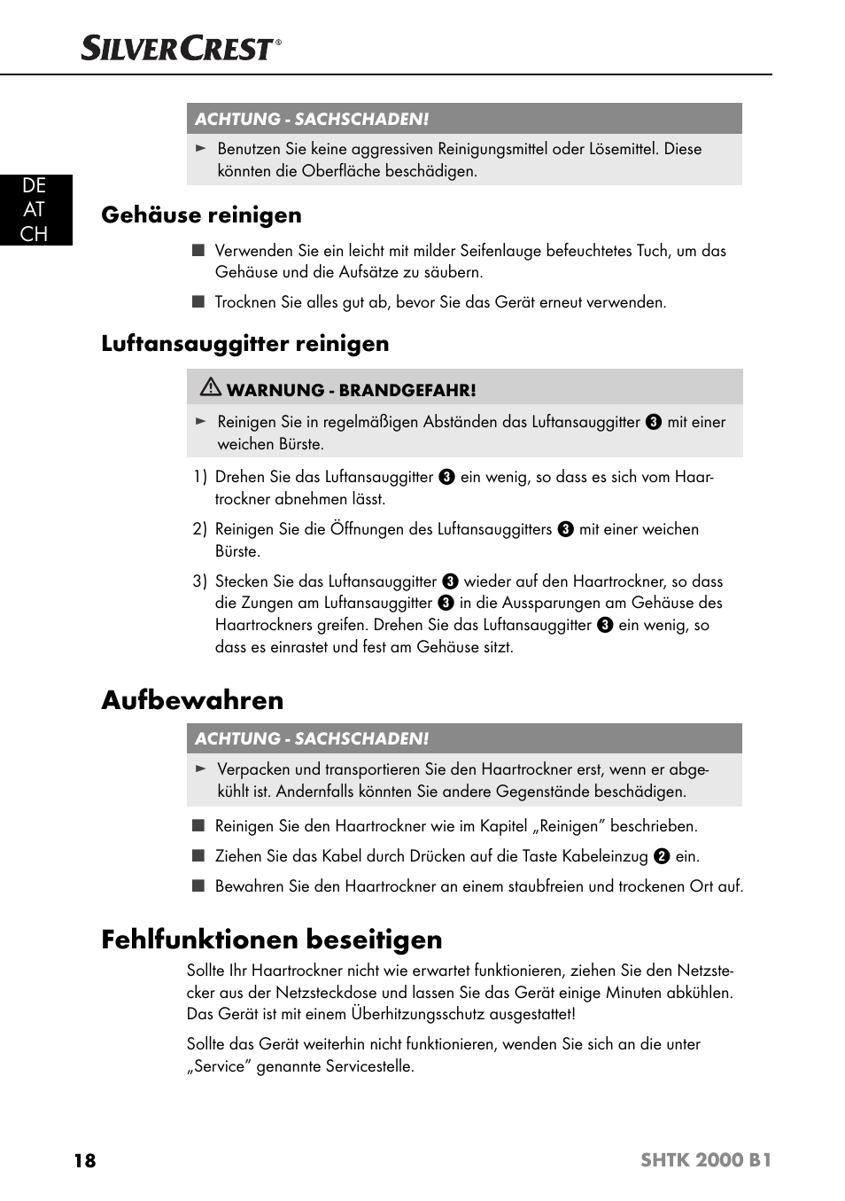 Aufbewahren, Fehlfunktionen beseitigen, Gehäuse reinigen | Luftansauggitter reinigen, De at ch | Silvercrest SHTK 2000 B1 User Manual | Page 21 / 34