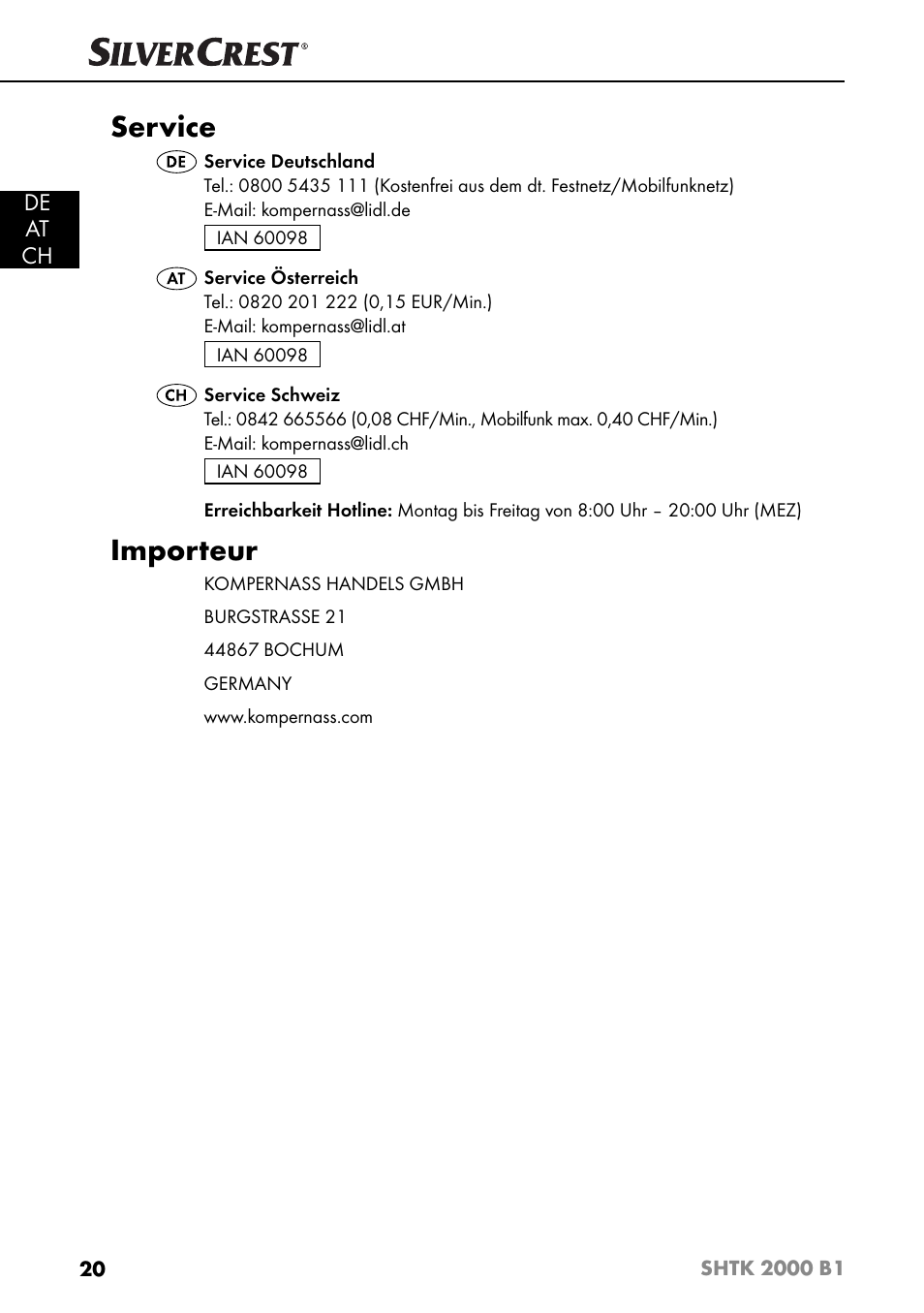 Service, Importeur, De at ch | Silvercrest SHTK 2000 B1 User Manual | Page 23 / 34