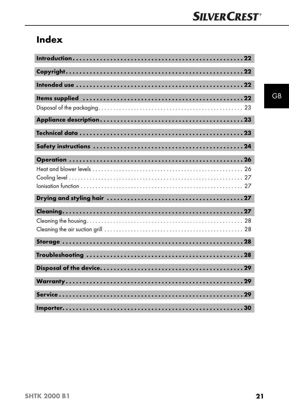 Index | Silvercrest SHTK 2000 B1 User Manual | Page 24 / 34