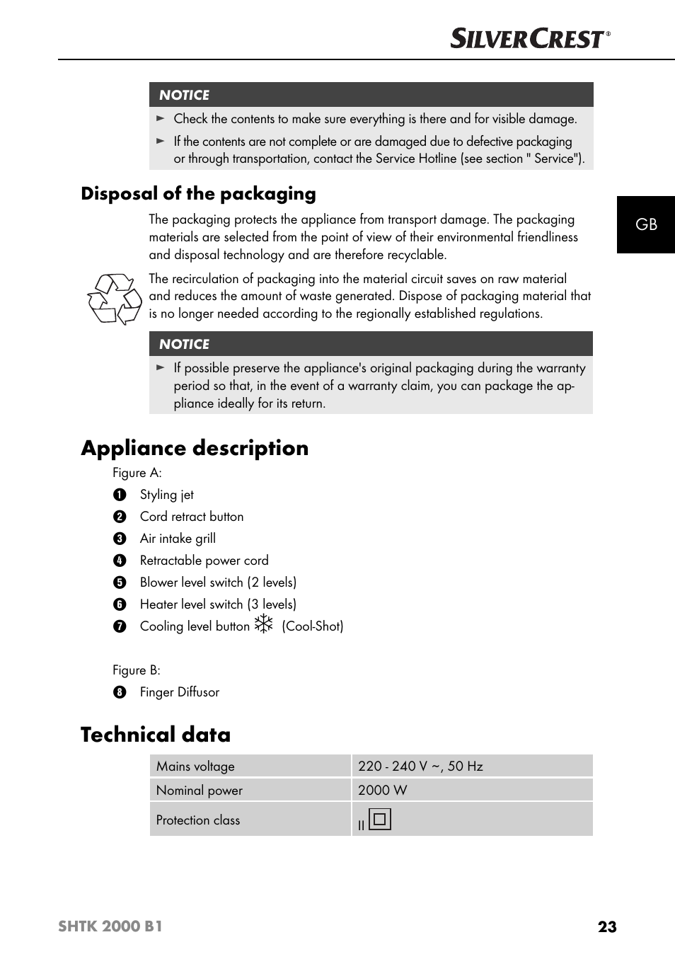 Appliance description, Technical data, Disposal of the packaging | Silvercrest SHTK 2000 B1 User Manual | Page 26 / 34