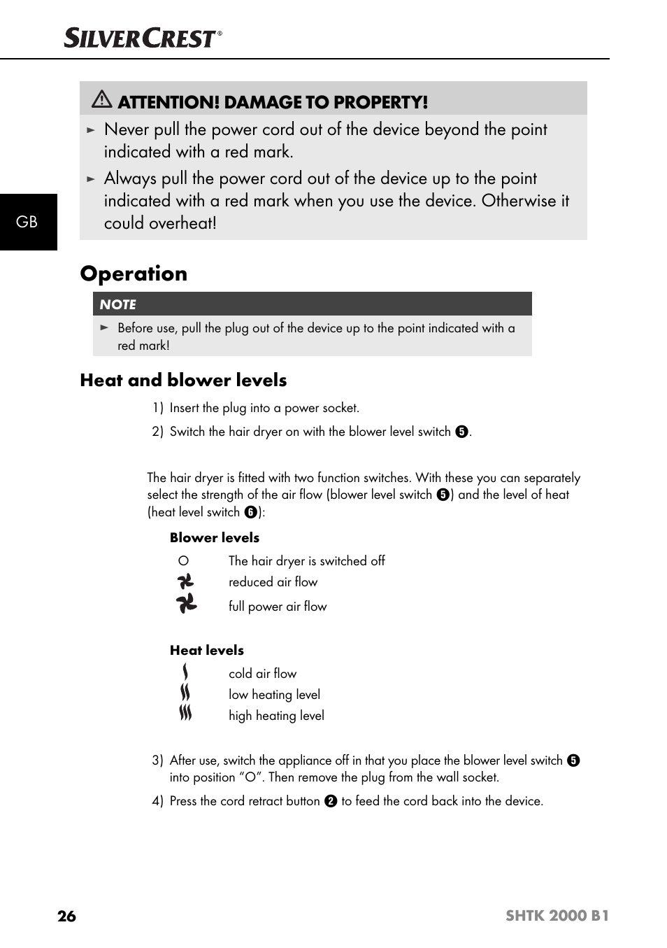 Operation, Attention! damage to property, Heat and blower levels | Silvercrest SHTK 2000 B1 User Manual | Page 29 / 34