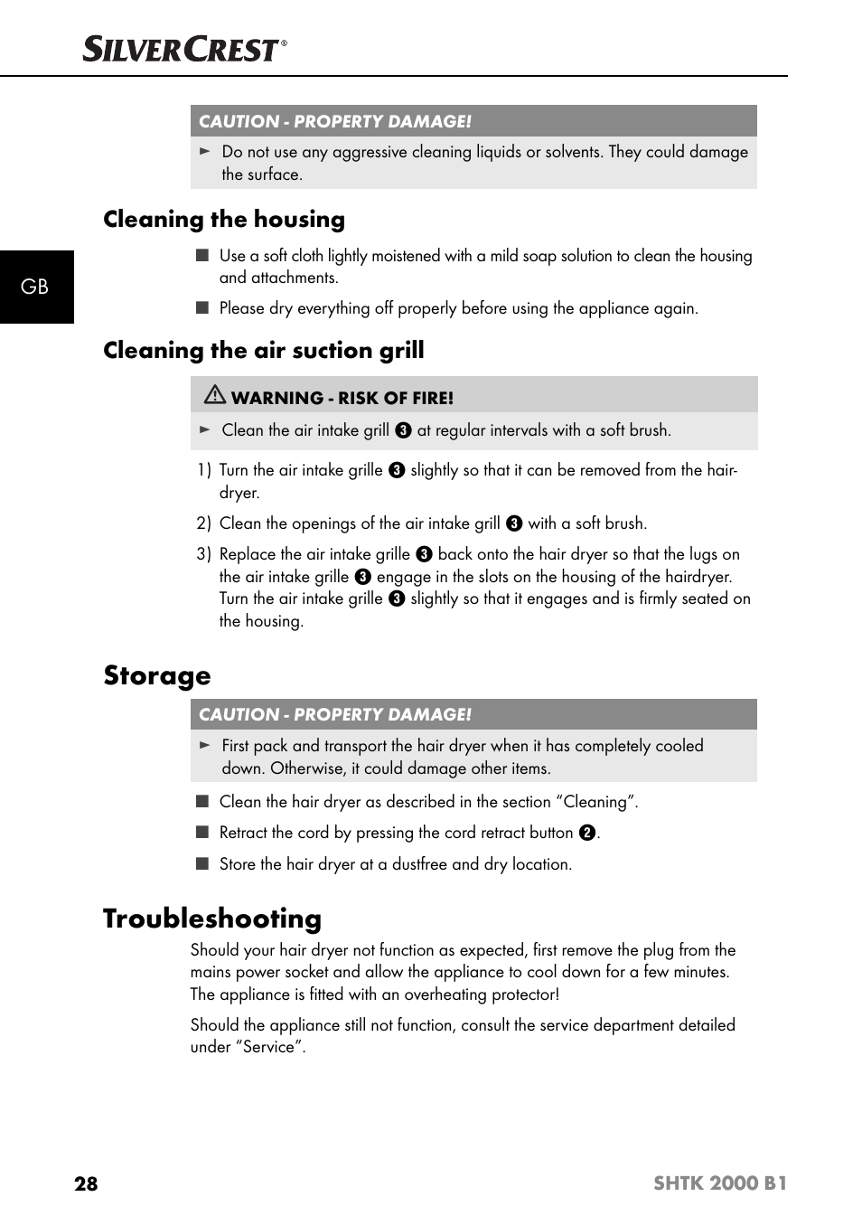 Storage, Troubleshooting, Cleaning the housing | Cleaning the air suction grill | Silvercrest SHTK 2000 B1 User Manual | Page 31 / 34