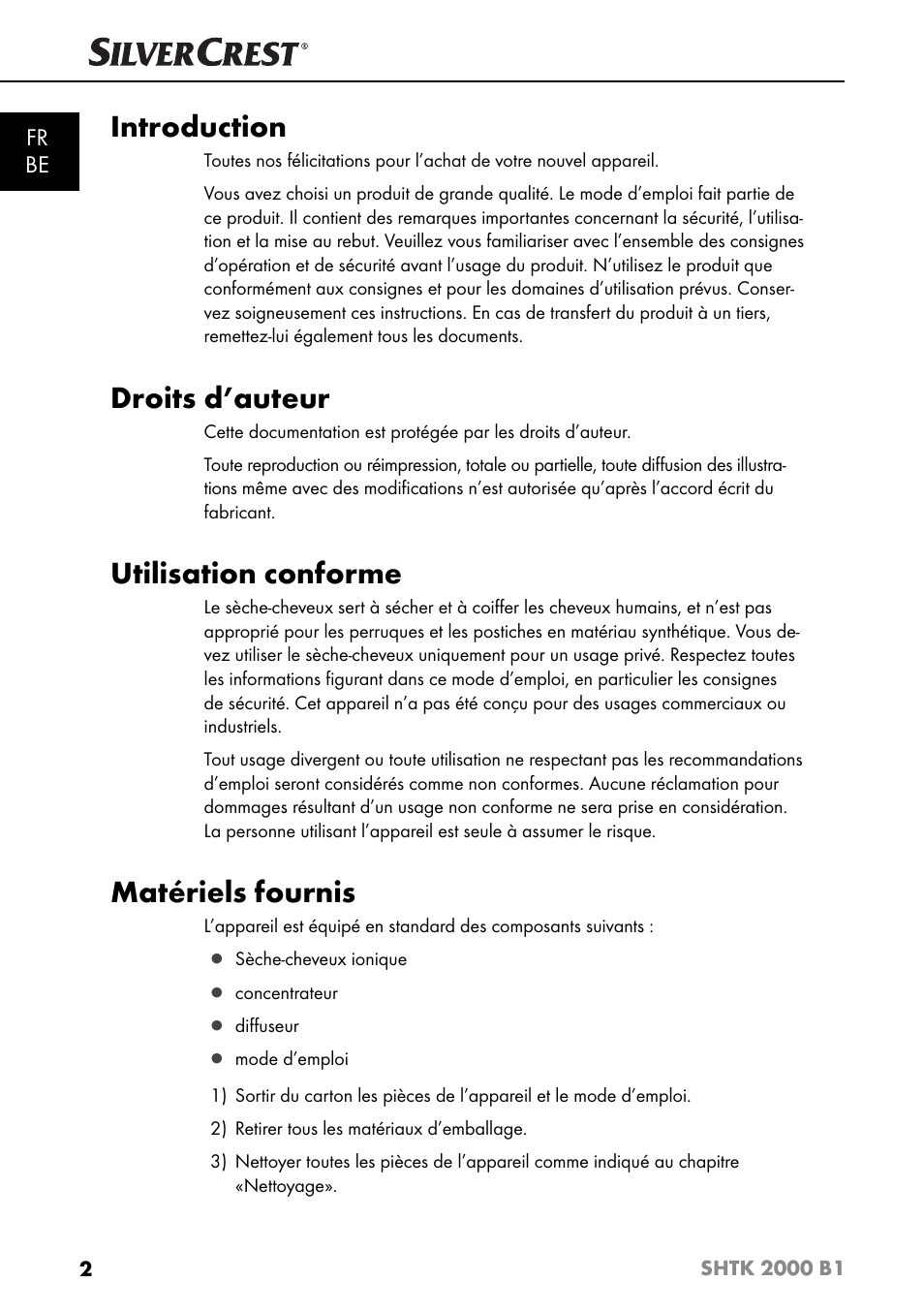 Introduction, Droits d’auteur, Utilisation conforme | Matériels fournis, Fr be | Silvercrest SHTK 2000 B1 User Manual | Page 5 / 34