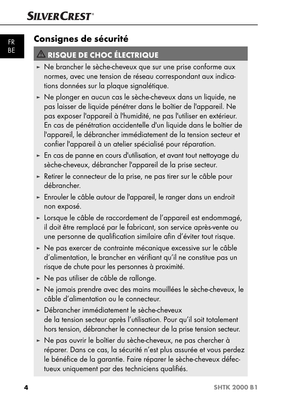 Consignes de sécurité, Risque de choc électrique, Ne pas utiliser de câble de rallonge | Silvercrest SHTK 2000 B1 User Manual | Page 7 / 34