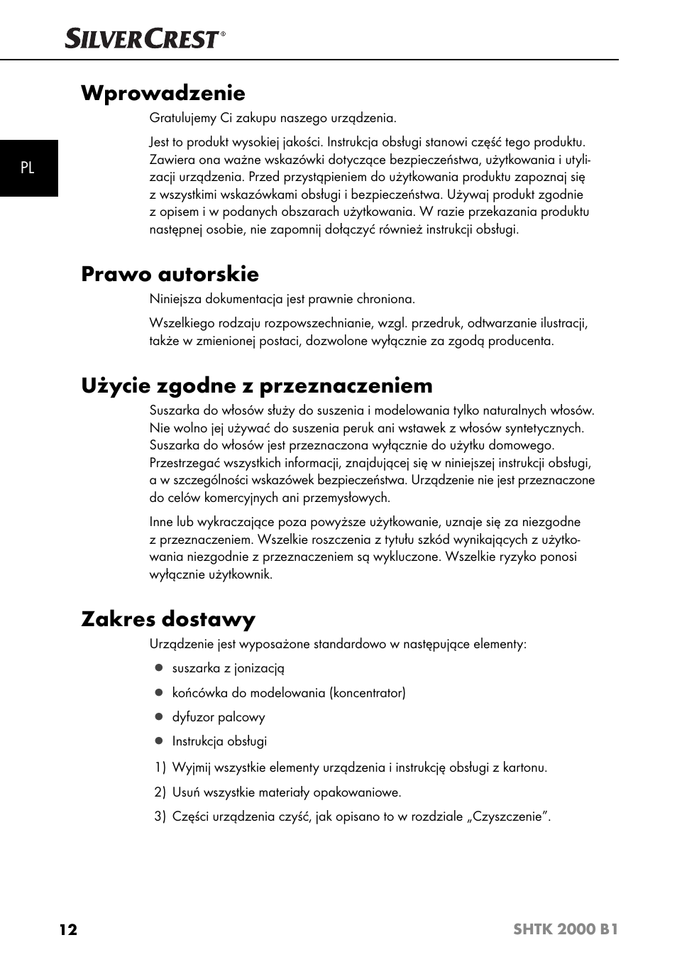 Wprowadzenie, Prawo autorskie, Użycie zgodne z przeznaczeniem | Zakres dostawy | Silvercrest SHTK 2000 B1 User Manual | Page 15 / 54