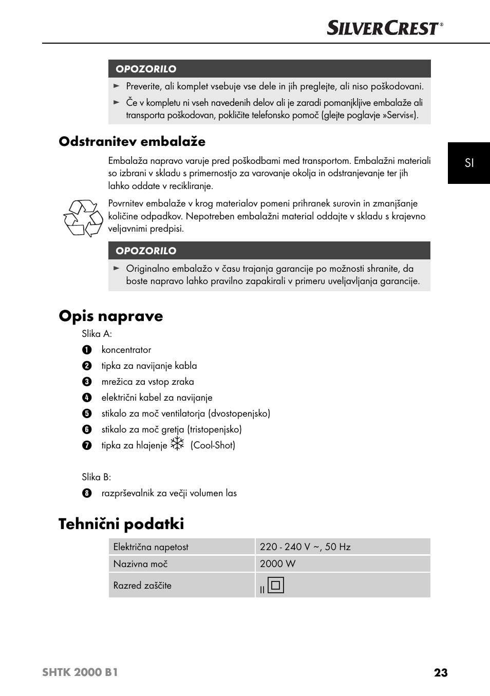 Opis naprave, Tehnični podatki, Odstranitev embalaže | Silvercrest SHTK 2000 B1 User Manual | Page 26 / 54