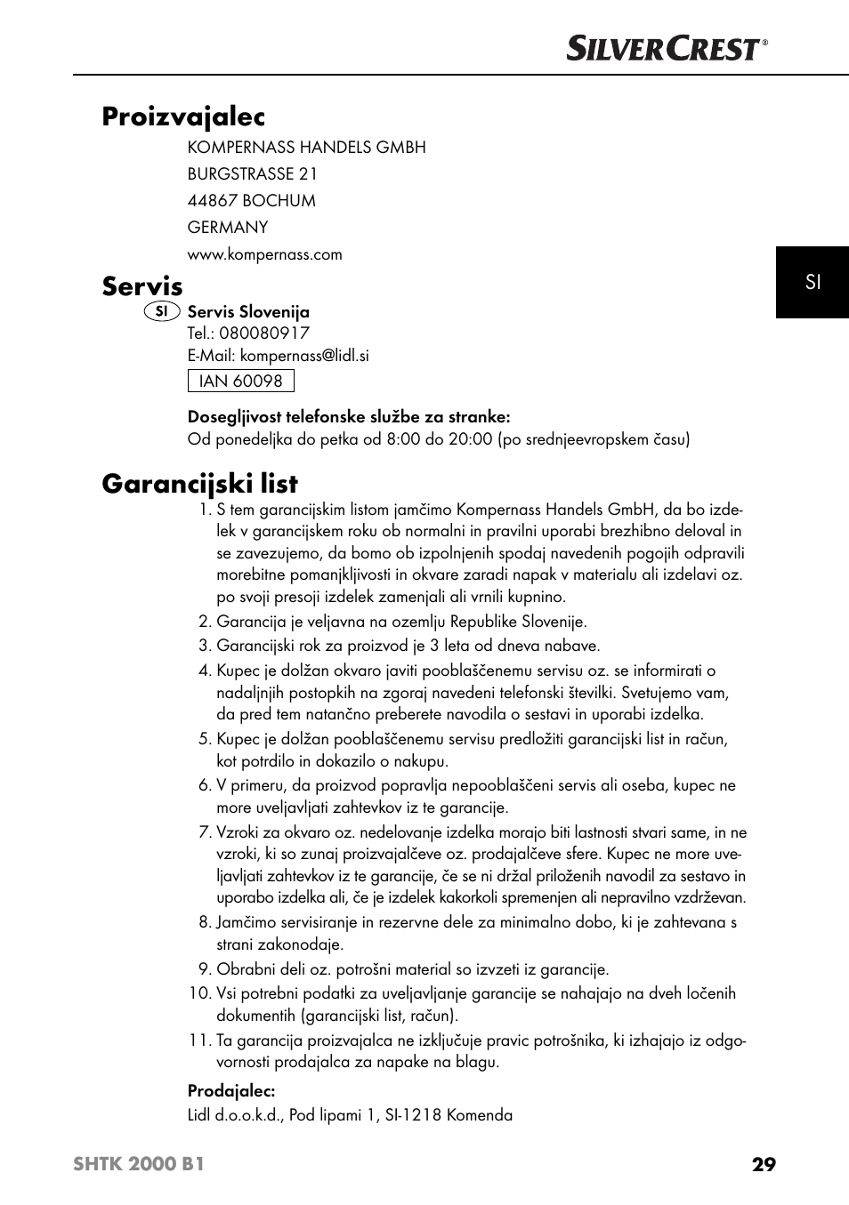 Proizvajalec, Servis, Garancijski list | Silvercrest SHTK 2000 B1 User Manual | Page 32 / 54