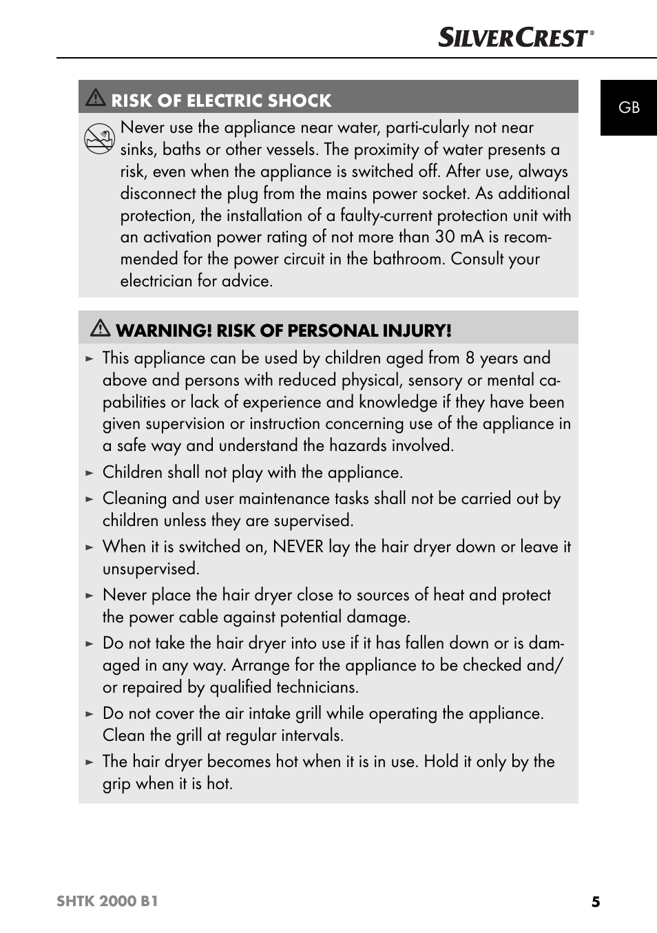 Children shall not play with the appliance | Silvercrest SHTK 2000 B1 User Manual | Page 8 / 54